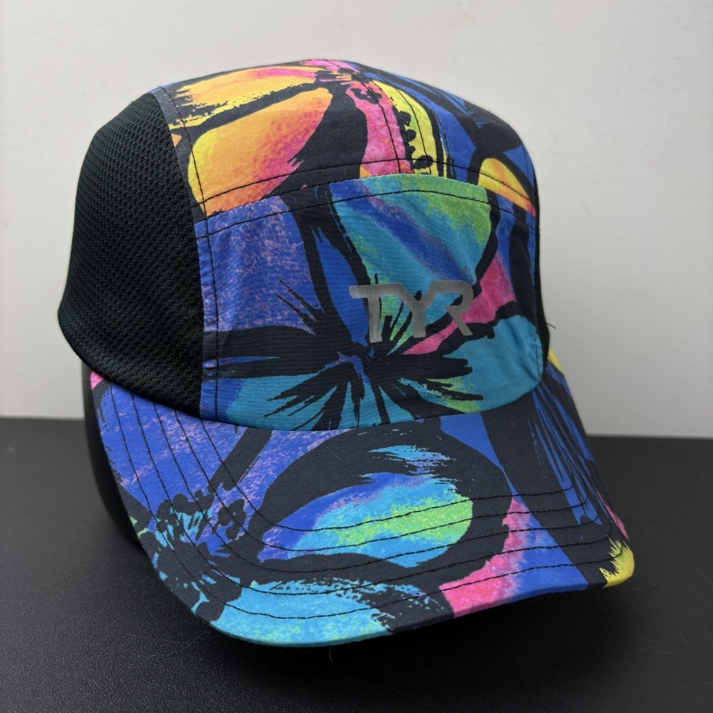 TYR Sport 5 Panel Running Hat Tropical Floral Palm Vented Mesh Adjustable Cap